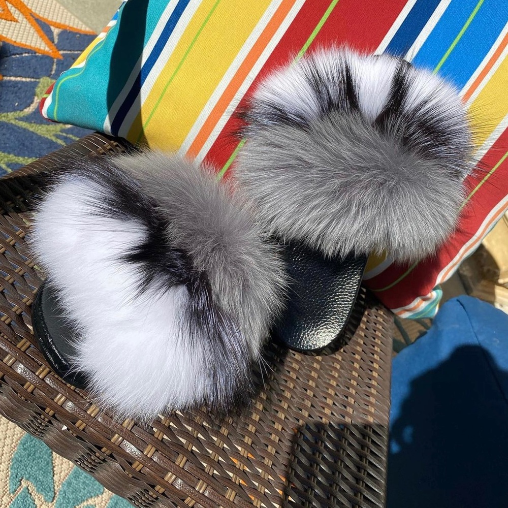 Grey stripe faux fur slides -  few sizes available *selling out*